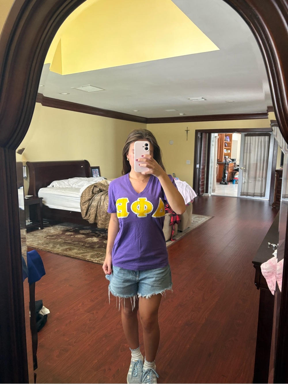 American Apparel Purple V‑Neck Tee with Yellow Lettering